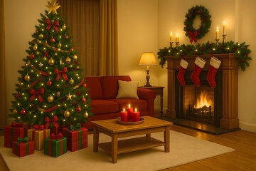 Classic Christmas Living Room with Tree, Fireplace, and Gifts – Cozy Holiday Interior Featuring Red and Gold Decorations, Stockings, Wreath, and Candlelight for a Warm Festive Atmosphere