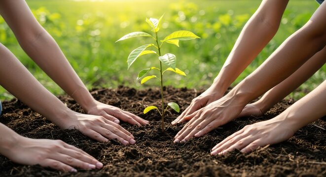Diverse hands gently planting a vibrant new seedling in rich soil, symbolizing growth, teamwork, and a sustainable future with warm sunlight