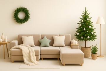 Minimalist Christmas Living Room with Beige Sofa and Simple Tree – Scandinavian Holiday Interior Featuring Green Wreath, Warm Lighting, and Cozy Modern Design in Neutral Tones