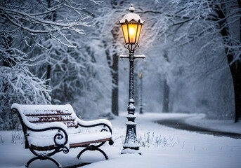 Winter wonderland Snow-covered park bench and lamppost with a soft, golden glow