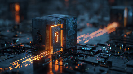 Secure digital vault glowing with keyhole unlocking access to futuristic data streams and technological innovation