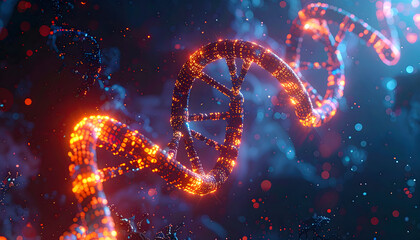 Futuristic visualization of a glowing DNA double helix structure, a digital representation of genetic code, molecular biology, and scientific innovation