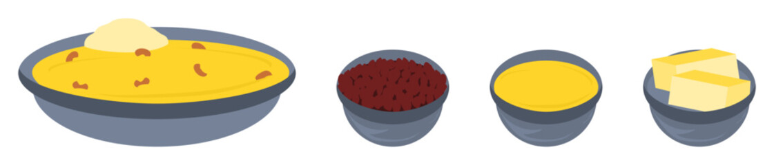 Vector colorful isolated food items on a white background including Indian gravy curry with butter 