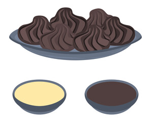 Vector colorful isolated food items on a white background including chocolate sweets and dumplings