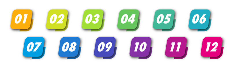 Set of colorful number bullet points from 1 to 12 on white background for lists, presentations, infographics, workflow, process or progress