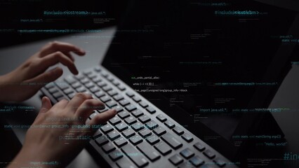 A close-up image of hands typing on a sleek computer keyboard, surrounded by dynamic data visuals, representing the essence of modern technology and programming. Xenic