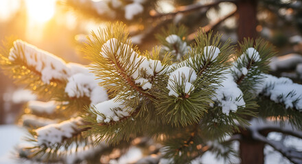 Snow-Covered Pine Branch in Sunlight A Winter Wonderland's Peaceful Scene