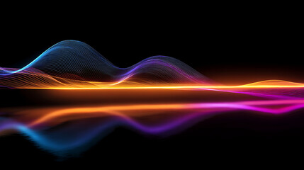 Vibrant neon sound wave graphic with stunning orange and blue hues reflects majestically on a dark glossy surface, perfect for tech and music themes.