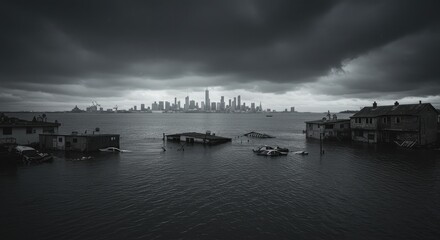 Naklejka premium Devastated coastal town submerged by rising sea levels with distant modern city skyline under dramatic storm clouds, a stark warning of climate change impact.