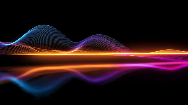 Vibrant neon sound wave graphic with stunning orange and blue hues reflects majestically on a dark glossy surface, perfect for tech and music themes.