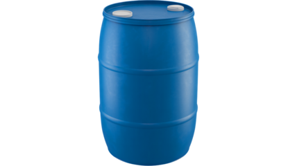 Blue plastic barrel container useful for industrial storage needs