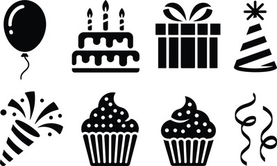 Birthday party icons set with cake, balloons, gifts, cupcakes, popper, hat, streamers in black silhouette vector styleBirthday party icons set with cake, 