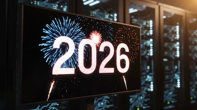 Digital display showing year 2026 with fireworks over server racks in data center