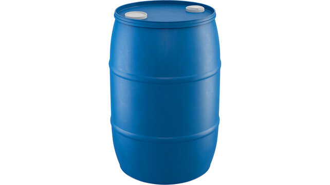 Blue plastic barrel container useful for industrial storage needs