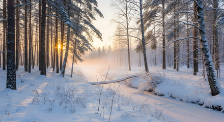 Peaceful snowy forest at sunrise, detailed winter landscape, no people, high resolution