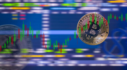Bit coin crypto currency with stock market chart graph accounting display price digital marketing success background, growth maoney diagram management financial curreency exchange trade indicator