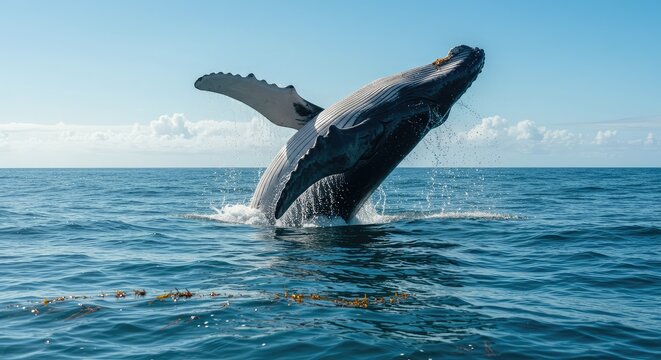 Majestic humpback whale breaches dramatically from brilliant blue ocean waters under a clear sky, showcasing nature's raw power and awe-inspiring beauty for travel and wildlife enthusiasts.
