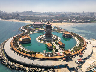 Close up on the Eight Immortals pavilion in Penglai, China, aerial shot