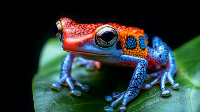 Colorful frog perched on leaf against dark background