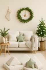 Vertical Minimalist Scandinavian Christmas Living Room with White Sofa and Small Tree – Cozy Neutral Holiday Interior with Wreath, Candles and Soft Natural Lighting
