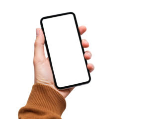Hand holding smartphone display mock up isolated on transparent background