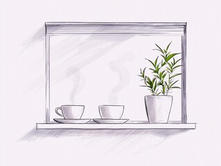 A sketch of two cups of coffee with steam rising and a potted plant on a windowsill.