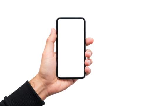 Hand holding smartphone display mock up isolated on transparent background