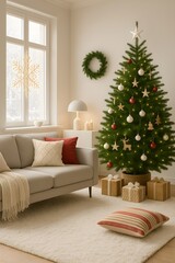 Vertical Cozy Scandinavian Christmas Living Room with Gray Sofa and Decorated Tree – Minimalist Holiday Interior with Wreath, Gift Boxes and Warm Natural Lighting