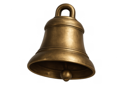 Bronze bell hanging isolated, showing tradition, sound, and alert concepts. Old metal object with clapper