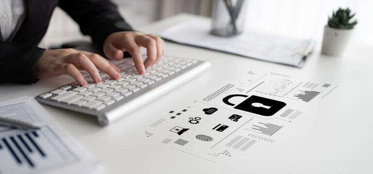 Digital cyber security lock system highlighting data security encryption, cyber password protection, fingerprint ID, cloud storage safety, and cyber security for online access Latch