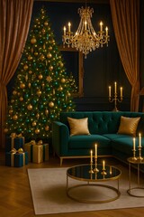 Vertical Luxury Christmas Living Room with Green Sofa and Golden Decor – Elegant Holiday Interior with Chandelier, Christmas Tree, Gifts and Warm Candlelight Ambience
