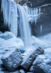 Frozen waterfall in winter, majestic ice formations, nature's cold beauty unveiled