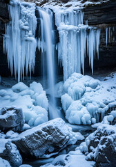 Stunning winter scene of a cascading waterfall covered in ice and snow formations
