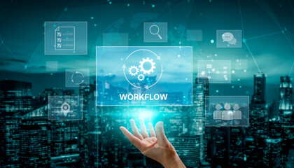 Workflow optimization concept featuring interconnected gears, task management, collaboration, process mapping, review, and automation for business productivity and efficiency Vouch