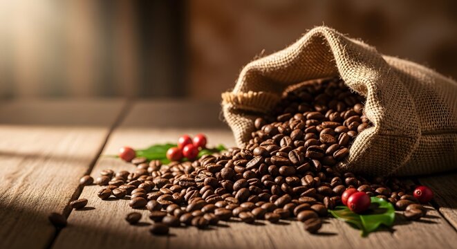 Freshly Roasted Coffee Beans in Burlap Sack