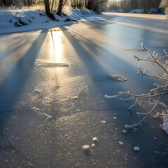 Golden sunbeams illuminate a frozen river's icy surface in winter