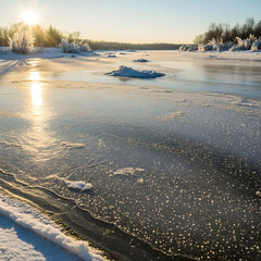 Sunlight on a frozen river with snow-covered stones creating a detailed landscape