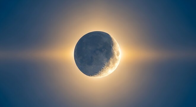 Waxing crescent moon glowing in the night sky with a golden halo view - Powered by Adobe