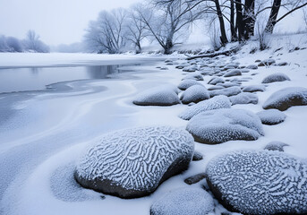 Frozen Lake, Ice-Covered Stones, and Winter Trees in a Dreamy Landscape