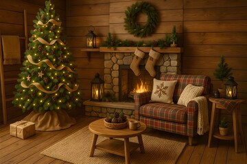Cozy Rustic Christmas Cabin Living Room with Fireplace and Decorated Tree – Warm Wooden Interior with Plaid Chair, Lanterns, Wreath and Festive Holiday Atmosphere