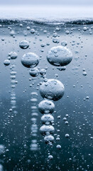 Effervescent spheres ascend in a cool blue liquid, a mesmerizing macro detail