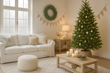 Cozy Scandinavian Christmas Living Room with White Sofa and Decorated Tree – Minimalist Holiday Interior with Candles, Wreath, Garland and Warm Natural Lighting