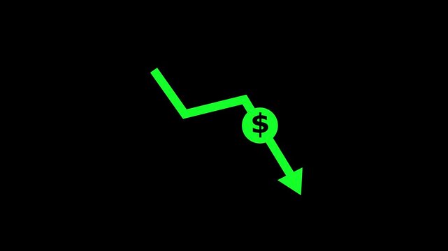 Flat magenta arrow pointing downward through a bold Bitcoin symbol on a black background, representing a sharp decline in cryptocurrency value