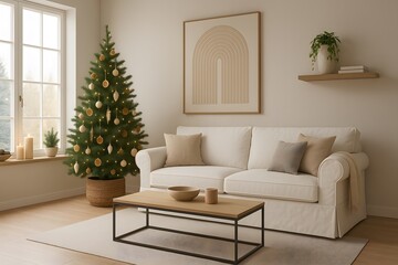 Minimalist Beige Christmas Living Room with White Sofa and Wooden Table – Scandinavian Holiday Interior with Decorated Tree, Candles and Warm Natural Light