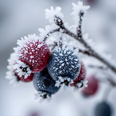 Macro shot of frosty red and blue berries on a branch in a cold winter scene