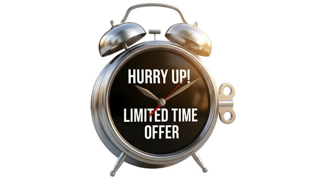 Hurry up limited time offer on transparent background with a classic alarm clock