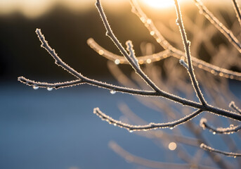 Frozen tree branch glistening with ice crystals in the soft morning sunlight