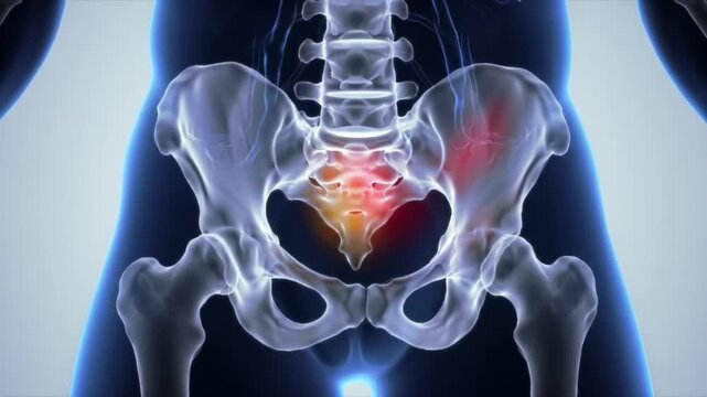 Animated Pelvic Bone XRay View with Red Pain Indicators in Human Body