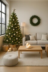 Vertical Scandinavian Christmas Living Room with White Sofa and Decorated Tree – Minimalist Holiday Interior with Wreath, Candles, Gift Boxes and Warm Cozy Lighting