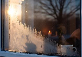 Cozy morning scene with hot coffee by a frosted window and soft sunlight